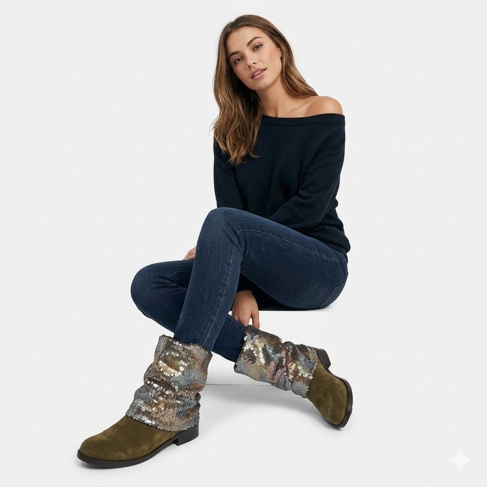 Matisse Women's 10 Brown Suede Slouchy Sequin Ankle Boots  Western Glam Booties